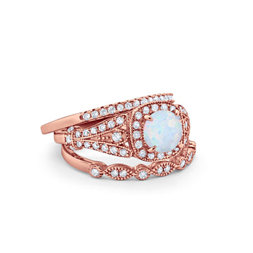 Three Piece Art Deco Bridal Wedding Ring Rose Tone, Lab Created White Opal 925 Sterling Silver